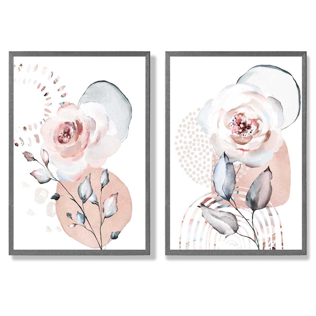 Watercolour Blush Pink Roses Set of 2 Art Prints with Dark Grey Frame