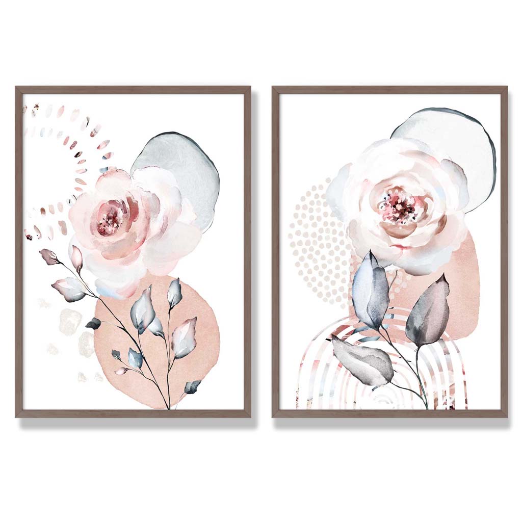 Watercolour Blush Pink Roses Set of 2 Art Prints with Walnut Frame