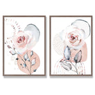 Watercolour Blush Pink Roses Set of 2 Art Prints with Walnut Frame