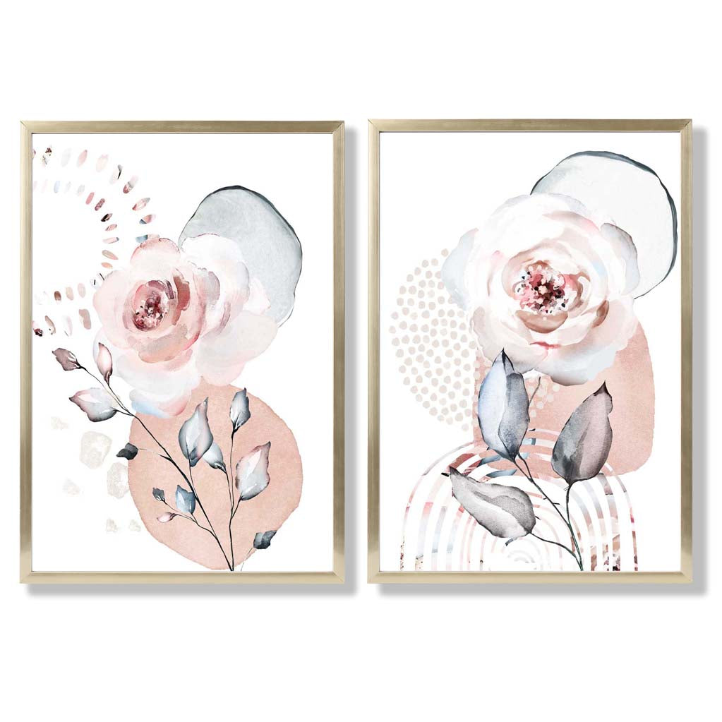 Watercolour Blush Pink Roses Set of 2 Art Prints with Gold Frame
