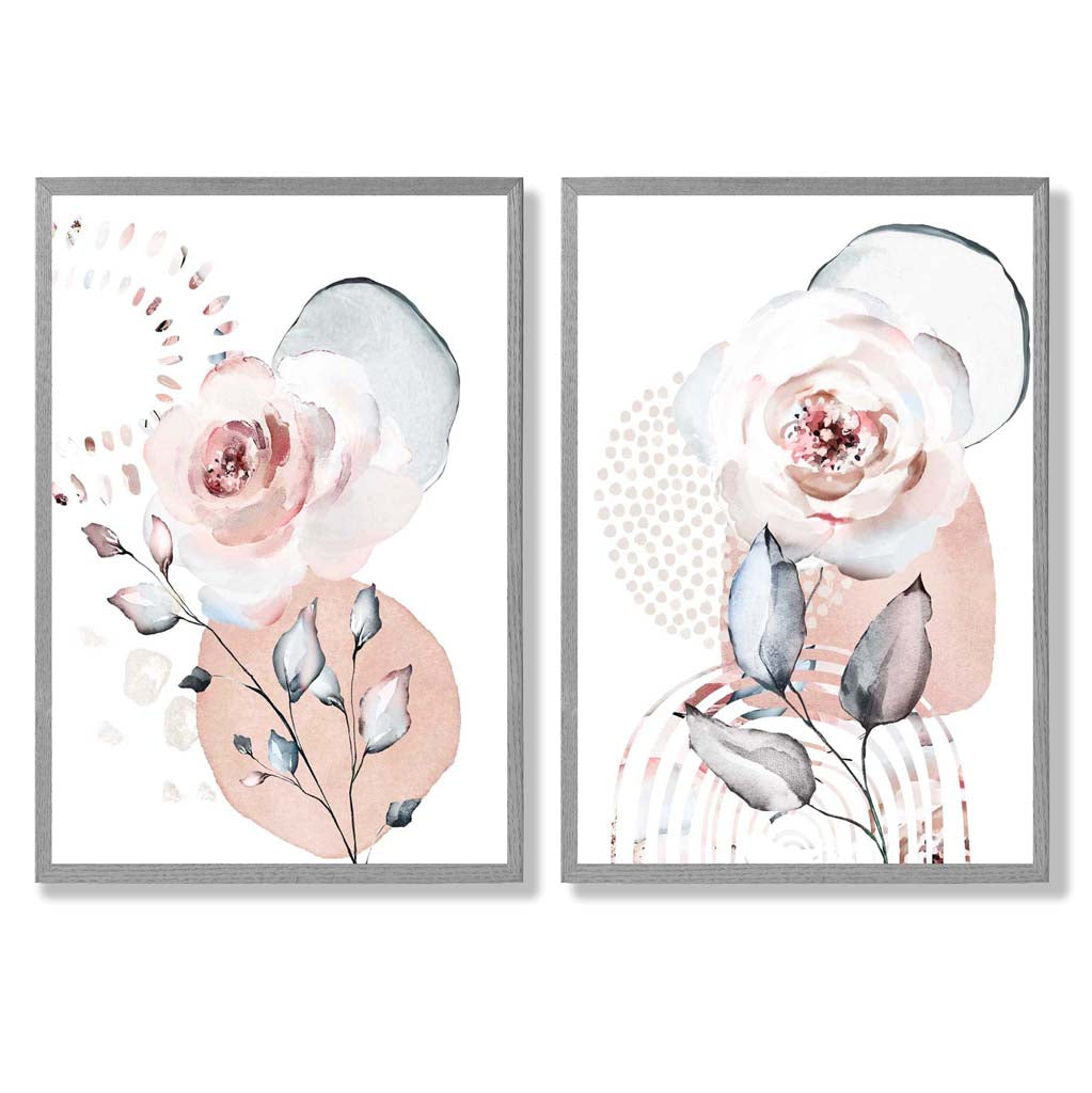 Watercolour Blush Pink Roses Set of 2 Art Prints with Light Grey Frame