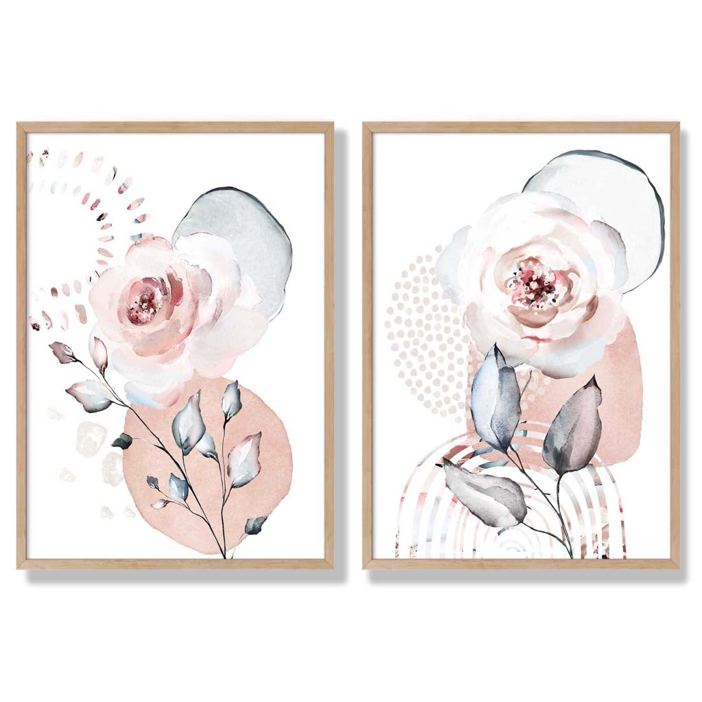 Watercolour Blush Pink Roses Set of 2 Art Prints with Oak Frame
