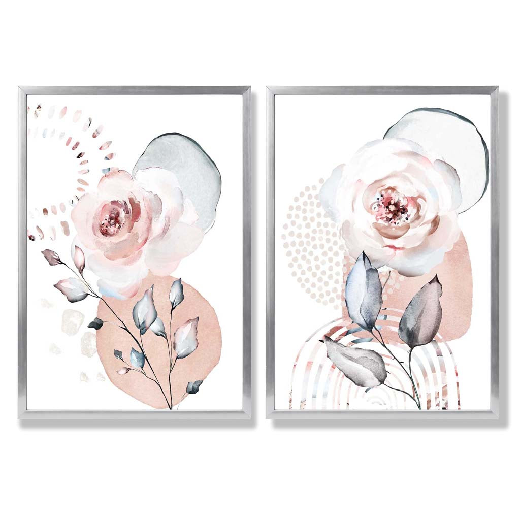 Watercolour Blush Pink Roses Set of 2 Art Prints with Silver Frame