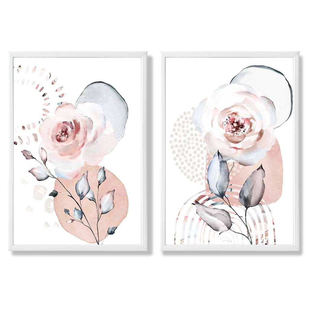 Watercolour Blush Pink Roses Set of 2 Art Prints with White Frame