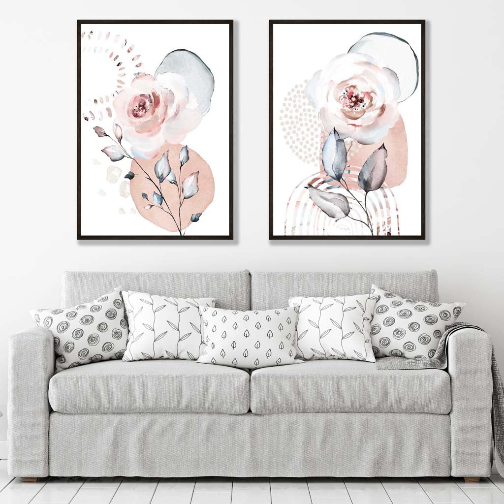 Set. of 2 Watercolour Blush Pink Roses Art Prints Set | Artze Wall Art UK