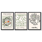 Set of 3 Modern Picasso, Keith Haring Flower in Sage Green Framed Wall Art with Black Wooden Frames