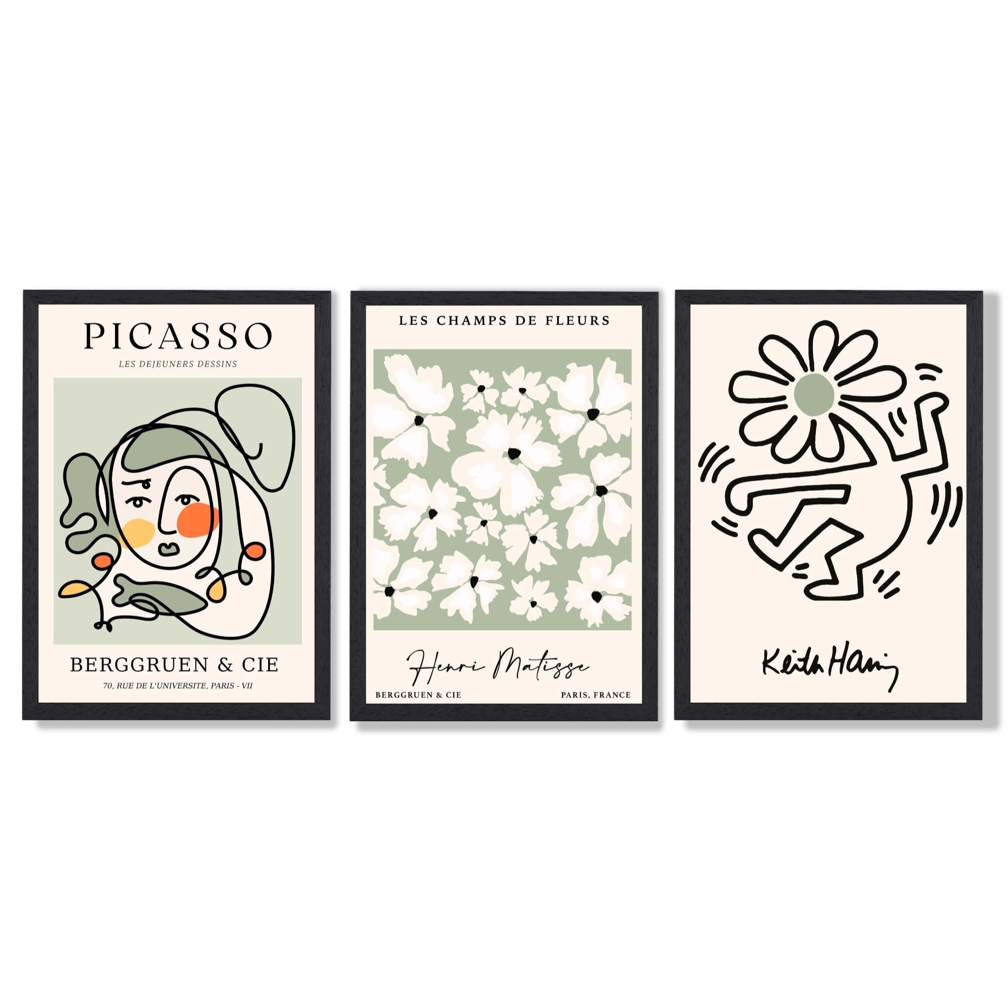 Set of 3 Modern Picasso, Keith Haring Flower in Sage Green Framed Wall Art with Black Wooden Frames
