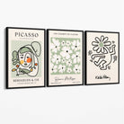 Set of 3 Modern Picasso, Keith Haring Flower in Sage Green Canvas Wall Art with Black Float Frame