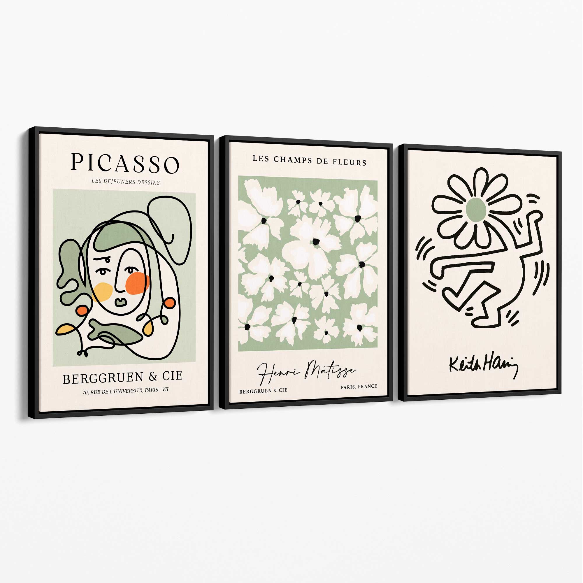 Set of 3 Modern Picasso, Keith Haring Flower in Sage Green Canvas Wall Art with Black Float Frame
