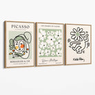 Set of 3 Modern Picasso, Keith Haring Flower in Sage Green Canvas Wall Art with Oak Float Frame