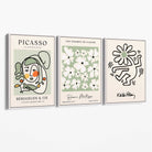 Set of 3 Modern Picasso, Keith Haring Flower in Sage Green Canvas Wall Art with White Float Frame