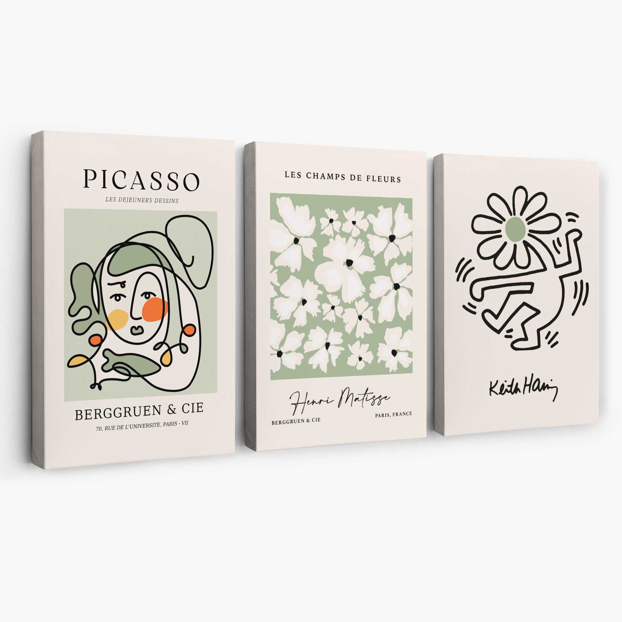 Set of 3 Modern Picasso, Keith Haring Flower in Sage Green Canvas Wall Art | Artze Wall Art