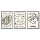 Set of 3 Modern Picasso, Keith Haring Flower in Sage Green Framed Wall Art with Dark Grey Wooden Frames
