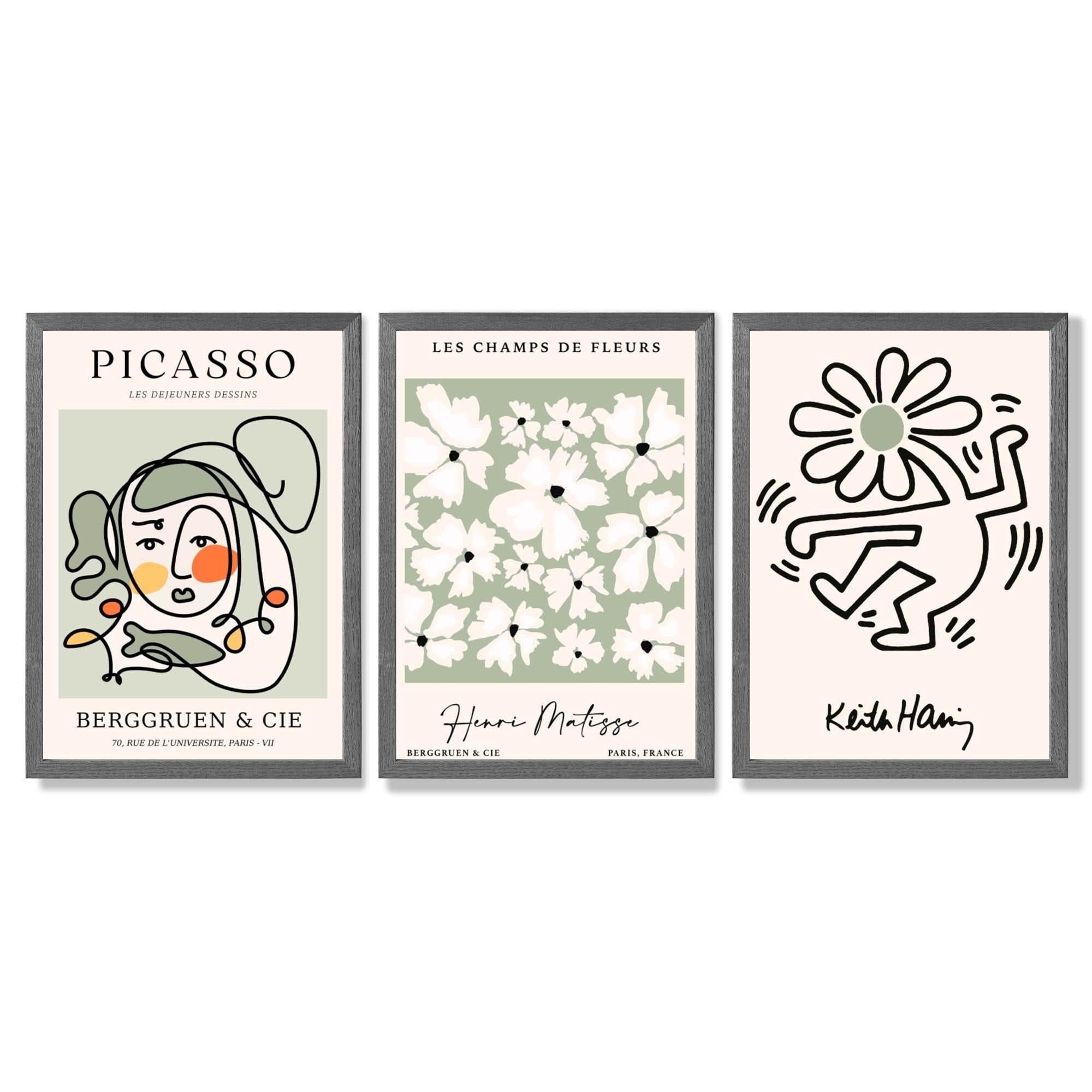 Set of 3 Modern Picasso, Keith Haring Flower in Sage Green Framed Wall Art with Dark Grey Wooden Frames