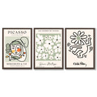 Set of 3 Modern Picasso, Keith Haring Flower in Sage Green Framed Wall Art with Dark Wood Frames
