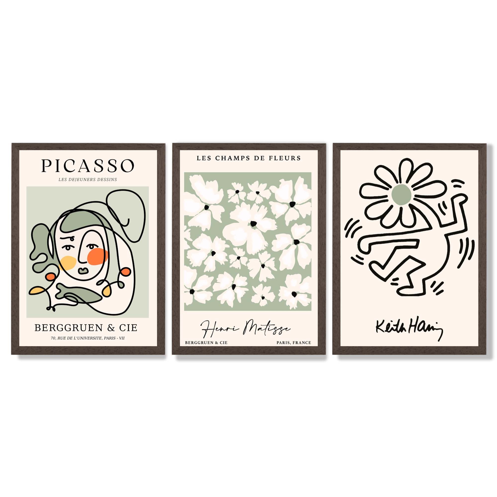 Set of 3 Modern Picasso, Keith Haring Flower in Sage Green Framed Wall Art with Dark Wood Frames
