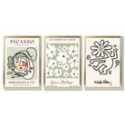Set of 3 Modern Picasso, Keith Haring Flower in Sage Green Framed Wall Art with Gold Wood Frames