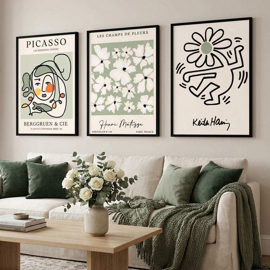 Set of 3 Modern Picasso, Keith Haring Flower in Sage Green Wall Art in Black Frames | Artze UK