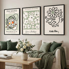 Set of 3 Modern Picasso, Keith Haring Flower in Sage Green Framed Wall Art with Black Wooden Frames