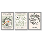 Set of 3 Modern Picasso, Keith Haring Flower in Sage Green Framed Wall Art with Light Grey Wooden Frames
