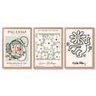 Set of 3 Modern Picasso, Keith Haring Flower in Sage Green Framed Wall Art with Light Oak Frames