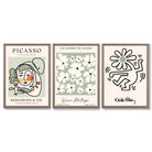 Set of 3 Modern Picasso, Keith Haring Flower in Sage Green Framed Wall Art with Light Walnut Frames