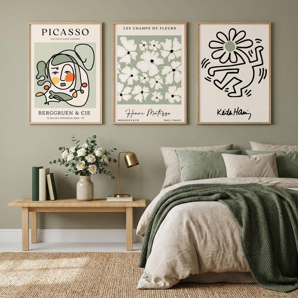 Set of 3 Modern Picasso, Keith Haring Flower in Sage Green Wall Art in Oak Frames | Artze UK