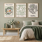 Set of 3 Modern Picasso, Keith Haring Flower in Sage Green Wall Art in Oak Frames | Artze UK