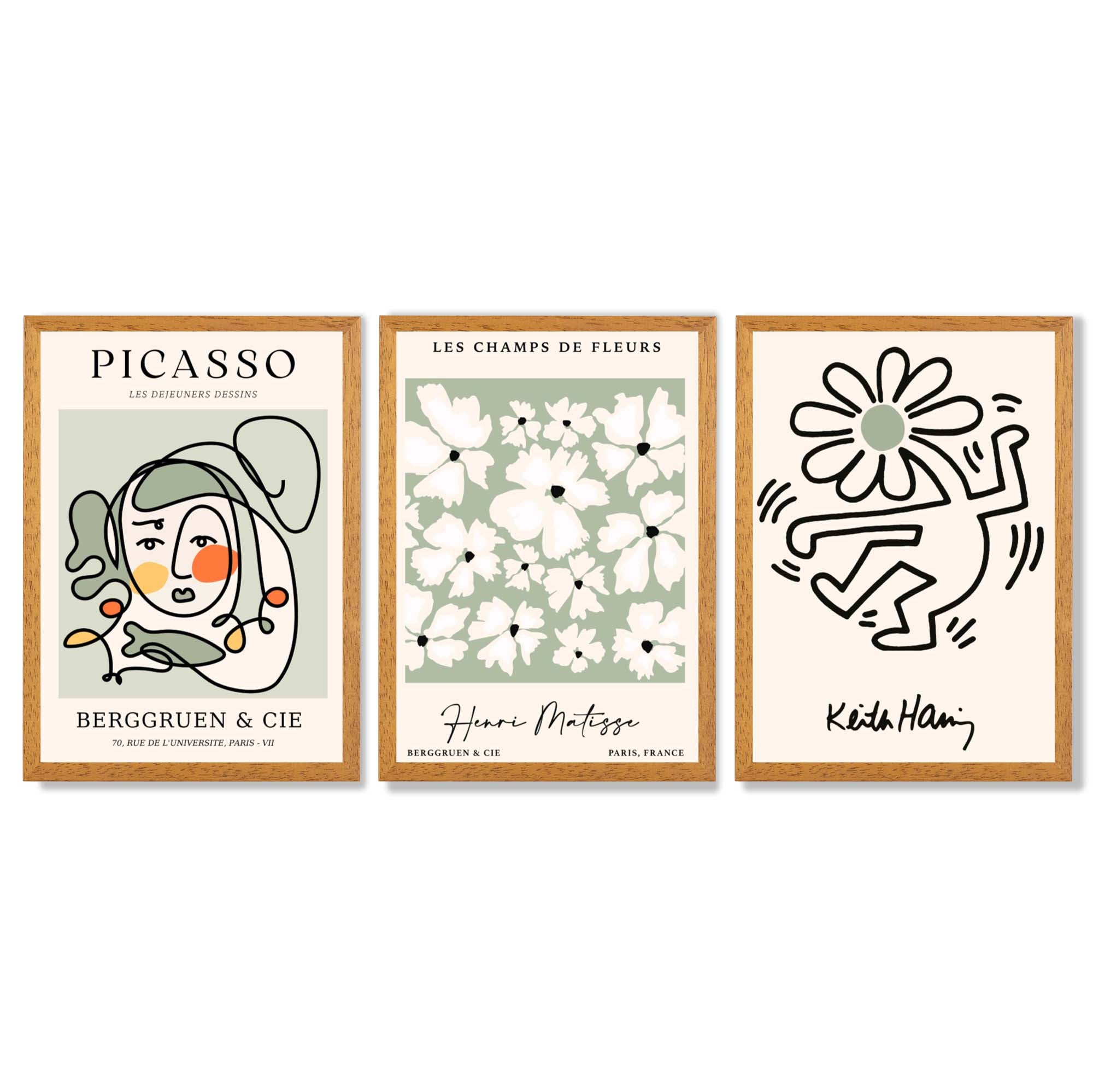 Set of 3 Modern Picasso, Keith Haring Flower in Sage Green Framed Wall Art with Oak Wooden Frames