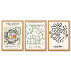 Set of 3 Modern Picasso, Keith Haring Flower in Sage Green Framed Wall Art with Oak Wooden Frames