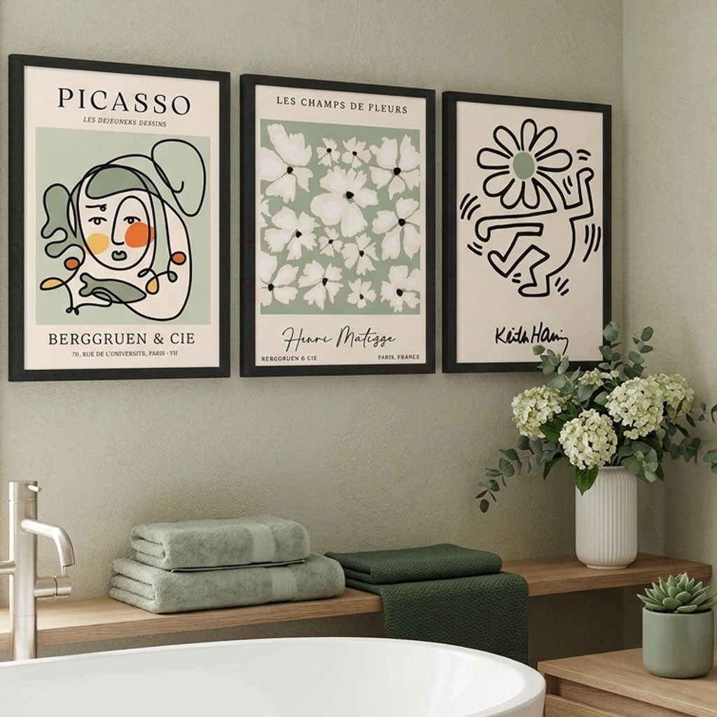Set of 3 Modern Picasso, Keith Haring Flower in Sage Green Wall Art in Black Frames | Artze UK