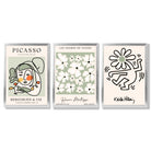 Set of 3 Modern Picasso, Keith Haring Flower in Sage Green Framed Wall Art with Silver Wood Frames