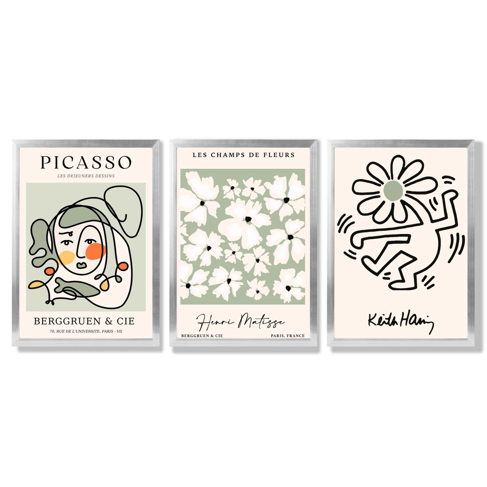 Set of 3 Modern Picasso, Keith Haring Flower in Sage Green Framed Wall Art with Silver Wood Frames