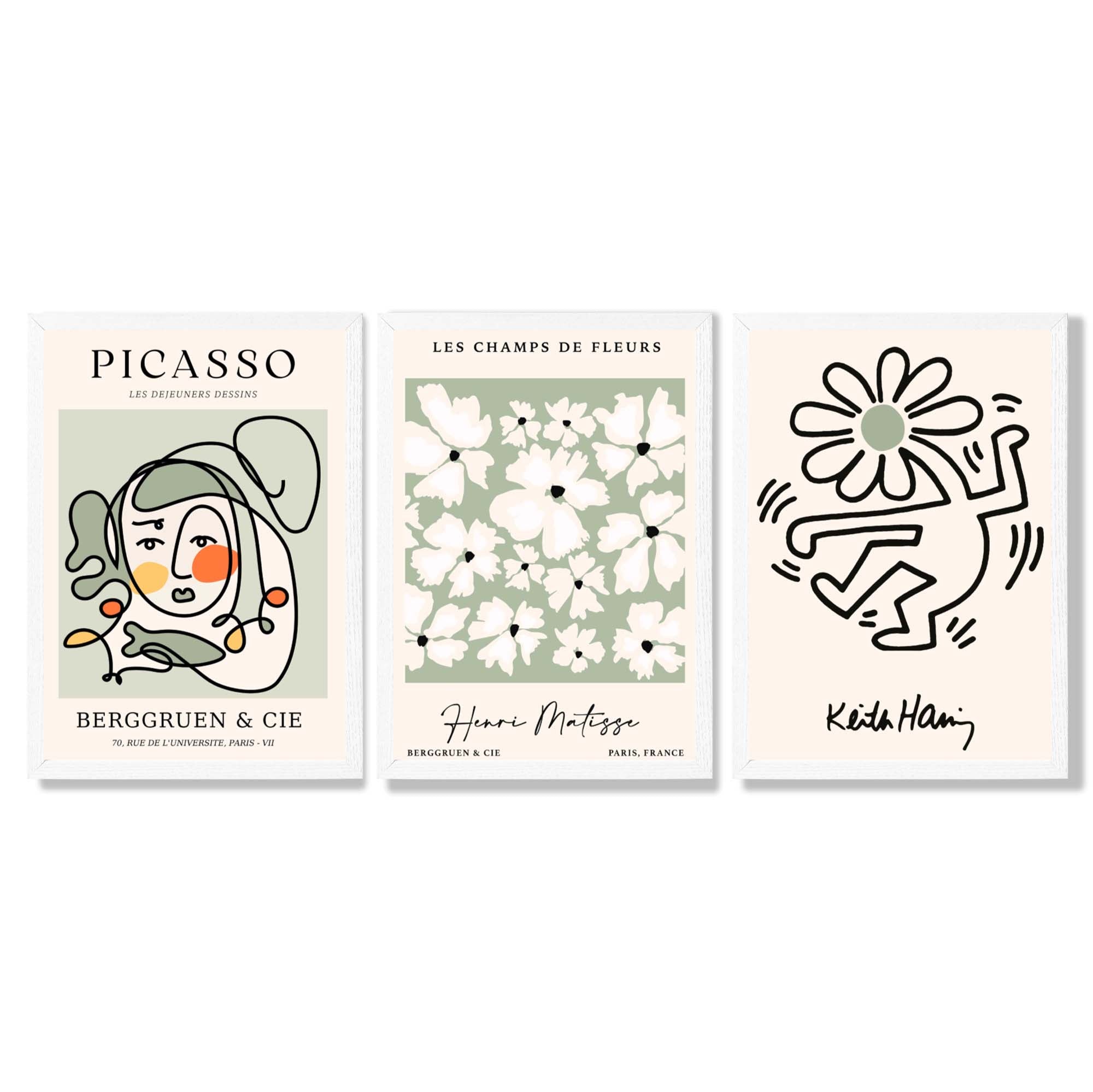 Set of 3 Modern Picasso, Keith Haring Flower in Sage Green Framed Wall Art with White Wooden Frames