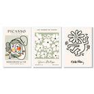 Set of 3 Modern Picasso, Keith Haring Flower in Sage Green Framed Wall Art with White Wooden Frames