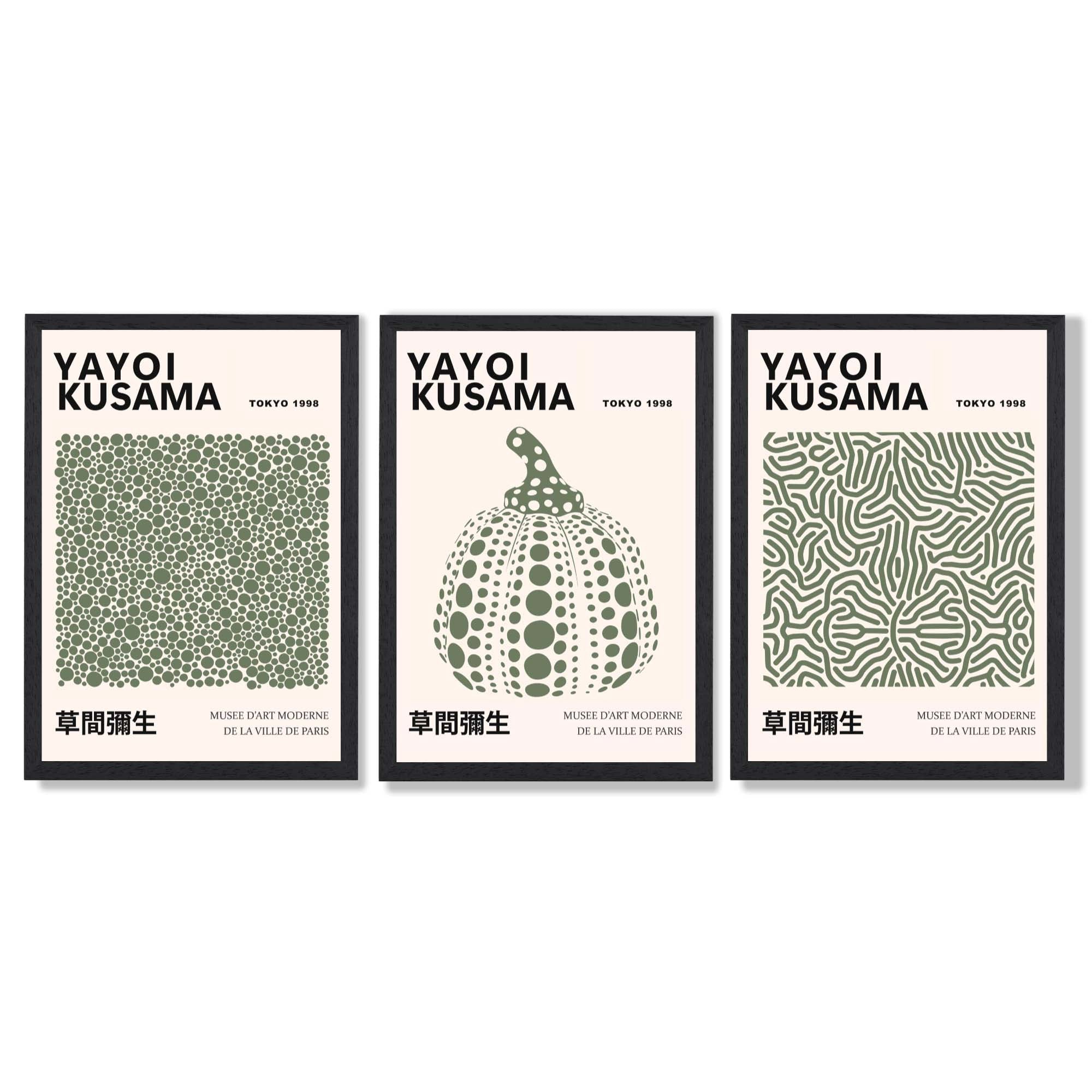Set of 3 Yayoi Kusama Infinity in Dark Green Framed Wall Art with Black Wooden Frames