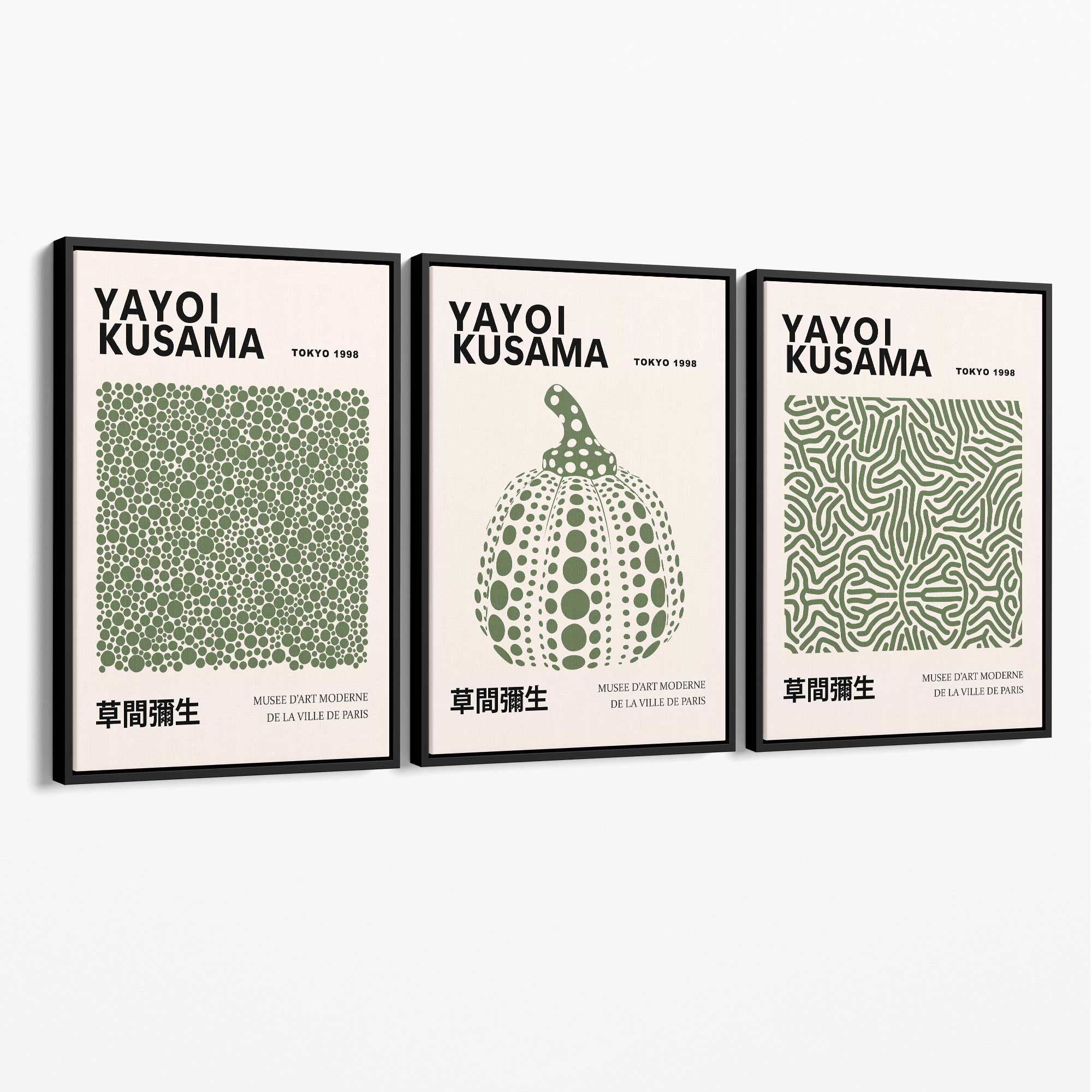 Set of 3 Yayoi Kusama Infinity in Dark Green Canvas Prints with Black Float Frame