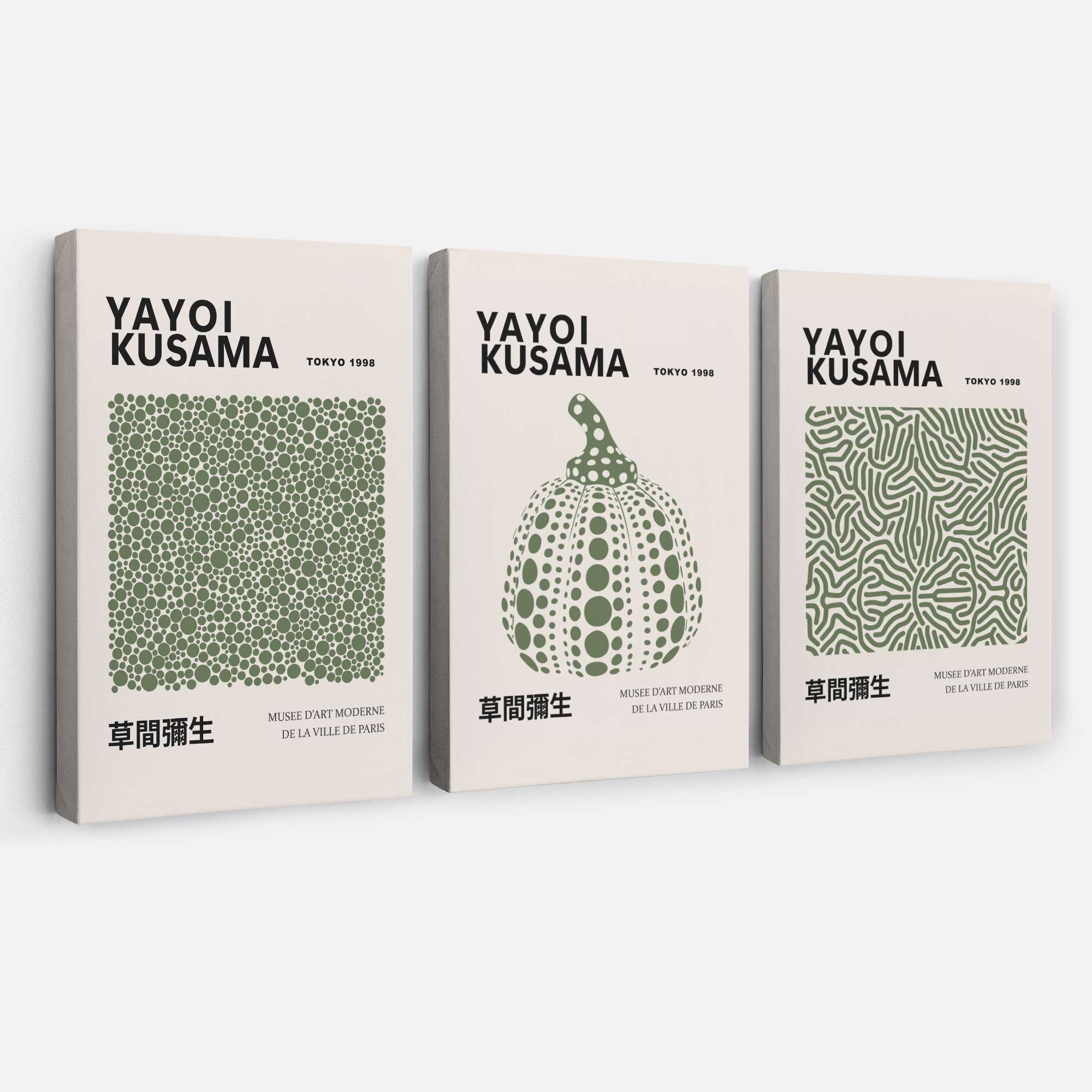Set of 3 Yayoi Kusama Infinity in Dark Green Canvas Prints | Artze Wall Art