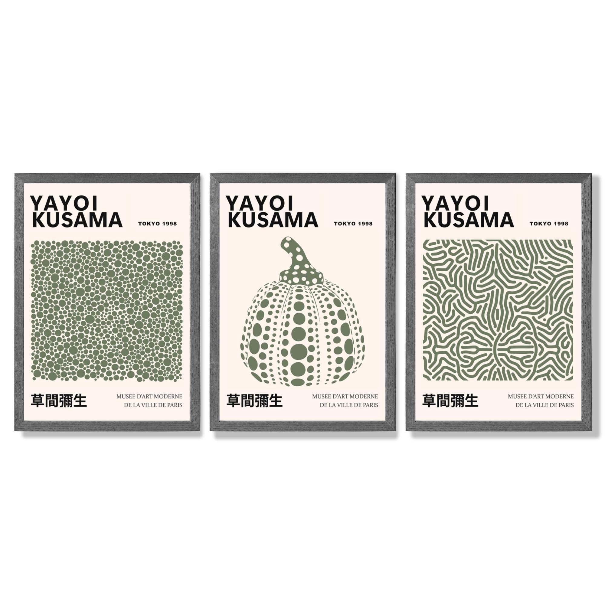 Set of 3 Yayoi Kusama Infinity in Dark Green Framed Wall Art with Dark Grey Wooden Frames