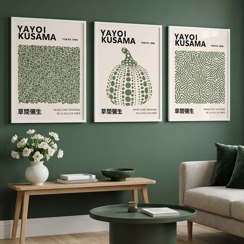 Set of 3 Yayoi Kusama Infinity in Dark Green Framed Wall Art with Black Wooden Frames