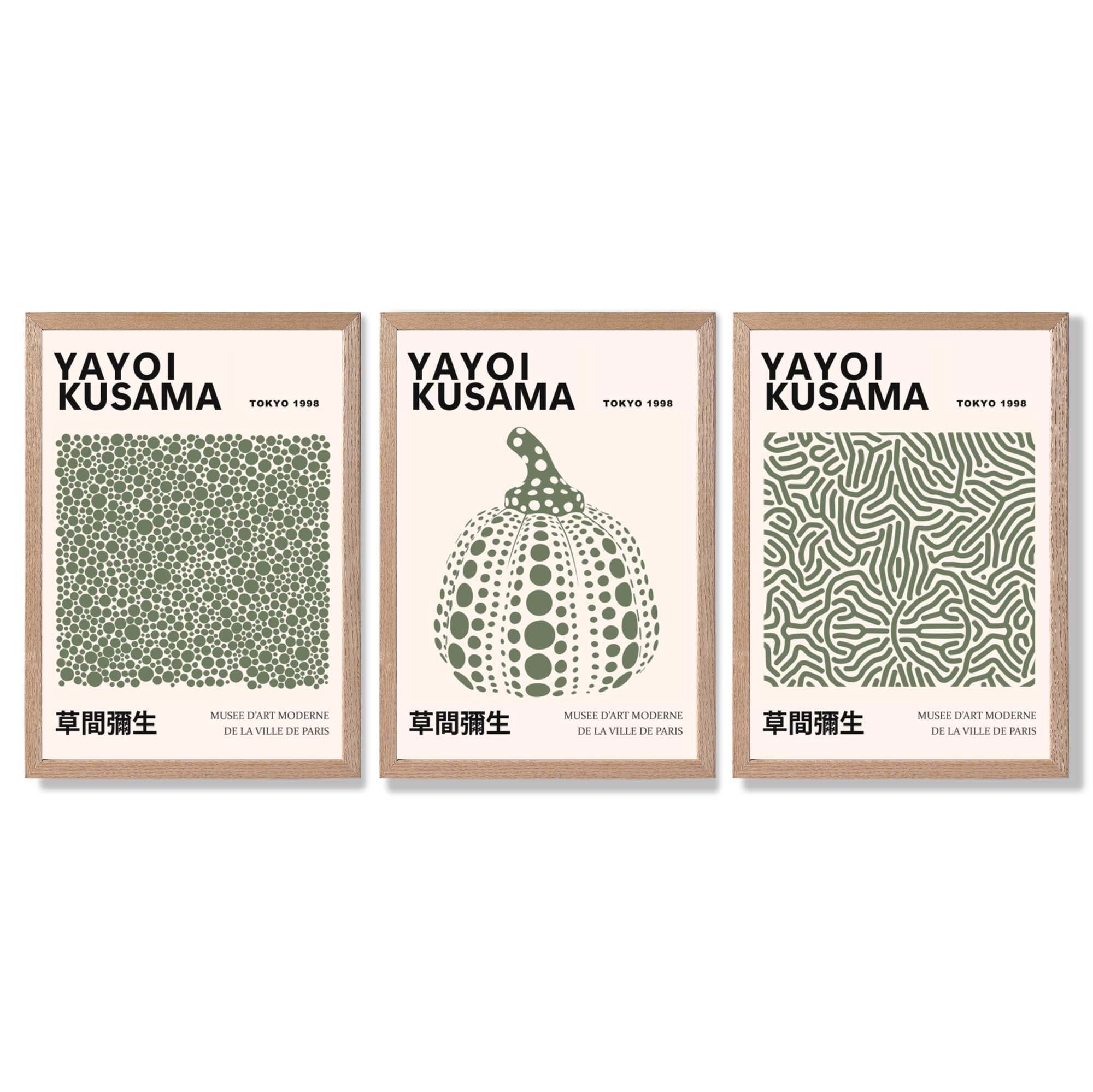 Set of 3 Yayoi Kusama Infinity in Dark Green Framed Wall Art with Light Oak Frames