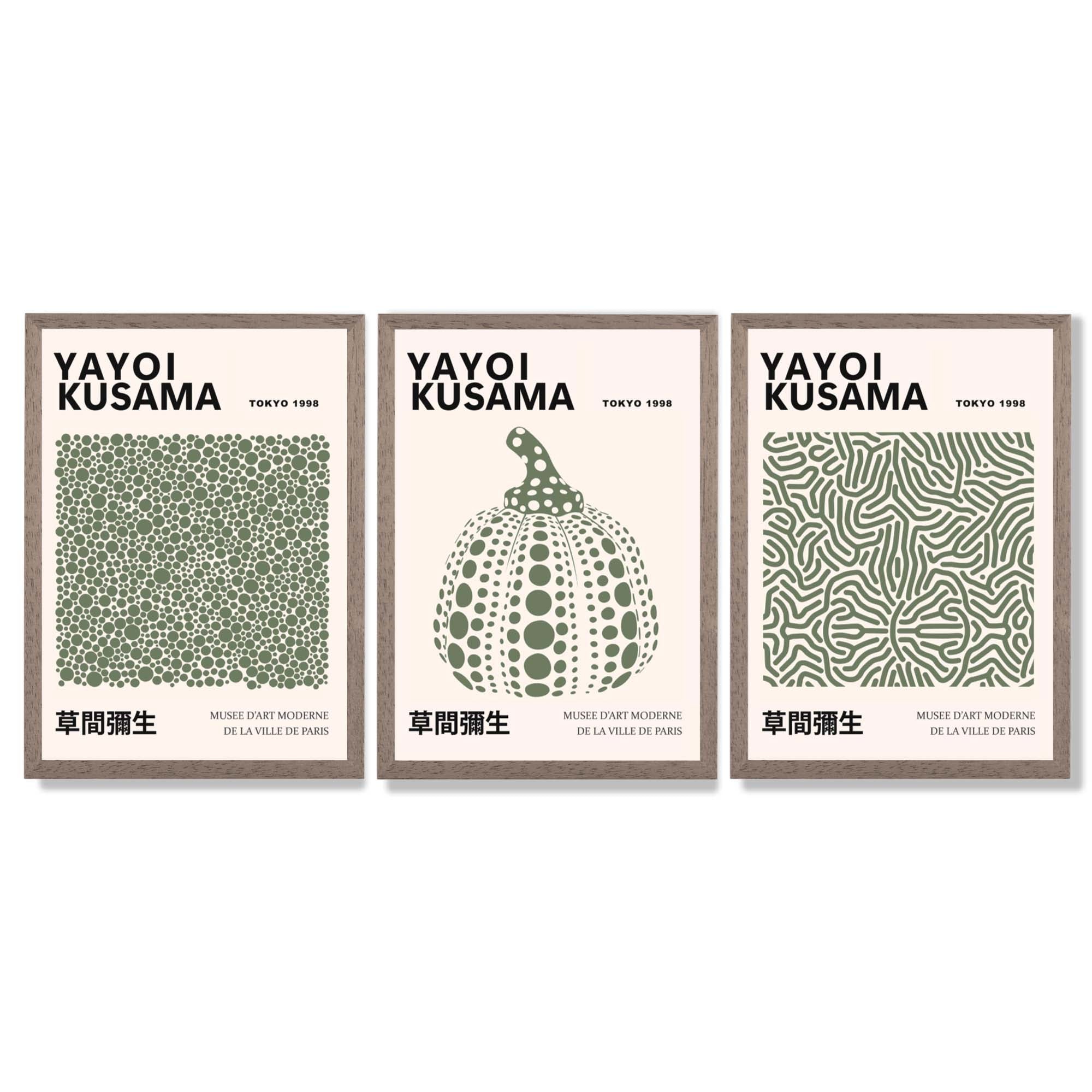 Set of 3 Yayoi Kusama Infinity in Dark Green Framed Wall Art with Light Walnut Frames