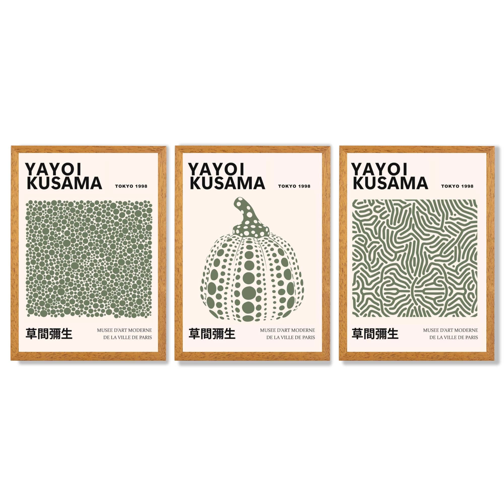 Set of 3 Yayoi Kusama Infinity in Dark Green Framed Wall Art with Oak Wooden Frames
