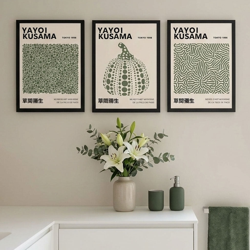 Set of 3 Yayoi Kusama Infinity in Dark Green Art Prints in Oak Frames | Artze UK