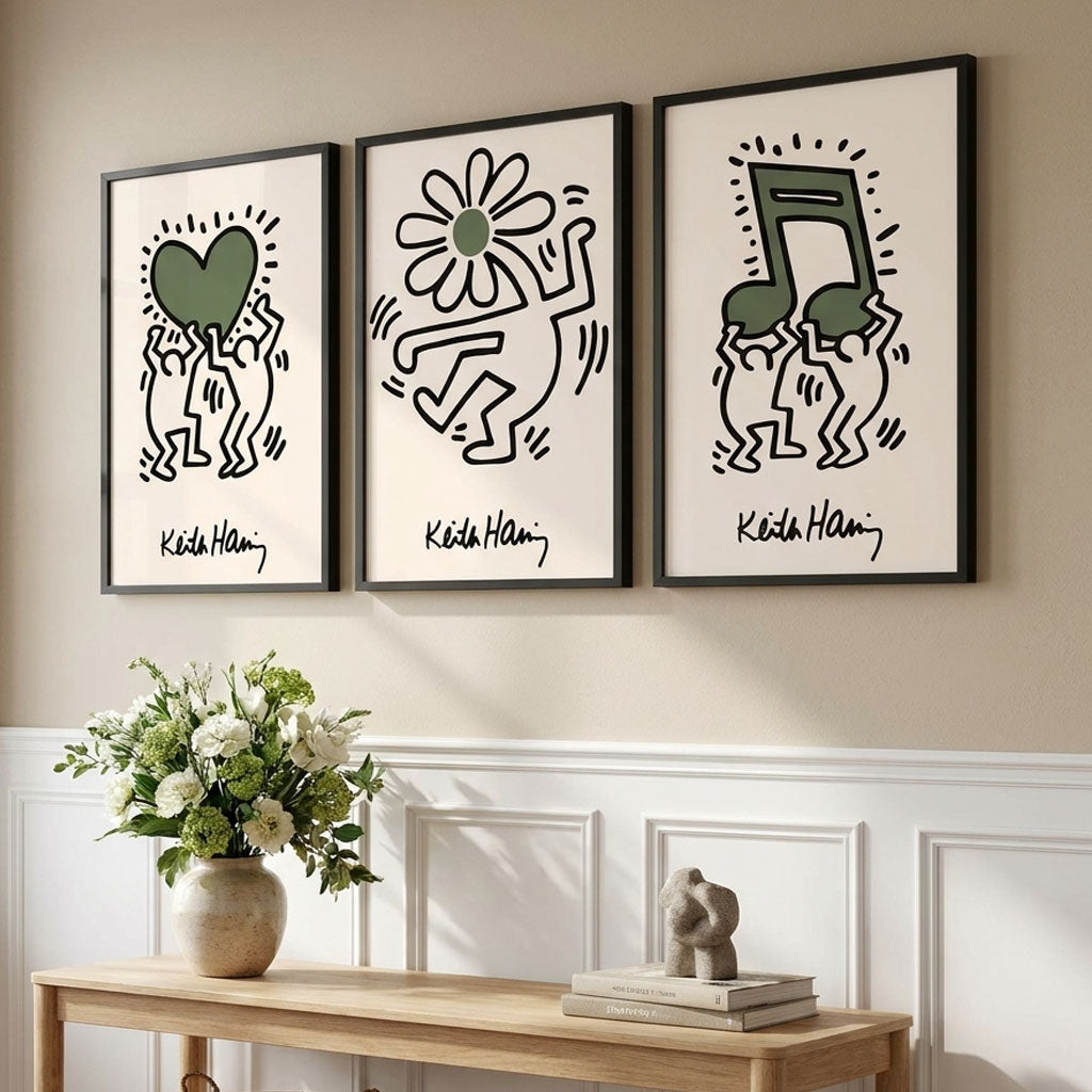 Set of 3 Keith Haring Emotive in Dark Green Framed Wall Art with Black Wooden Frames