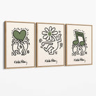 Set of 3 Keith Haring Emotive in Dark Green Canvas Prints with Oak Float Frame