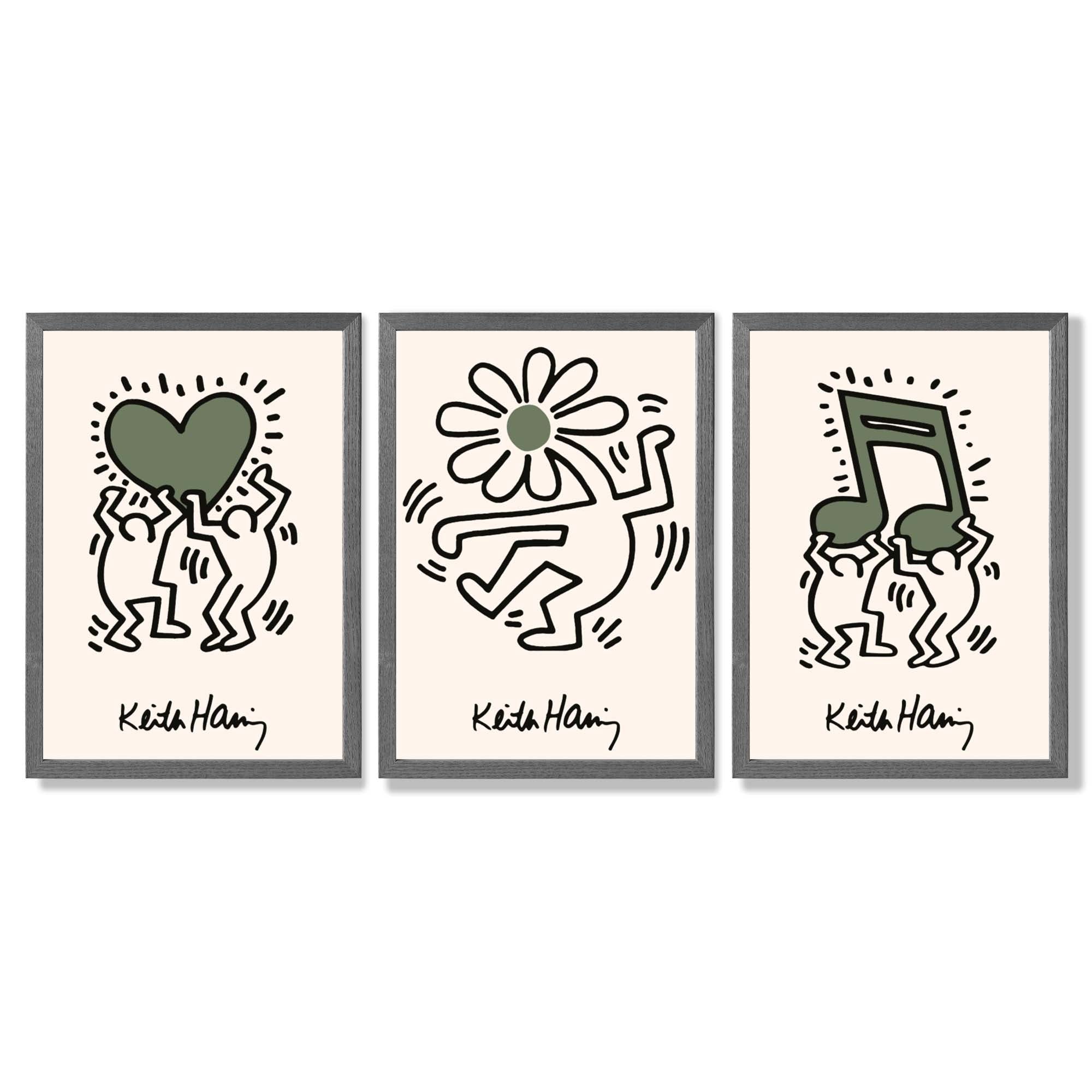 Set of 3 Keith Haring Emotive in Dark Green Framed Wall Art with Dark Grey Wooden Frames