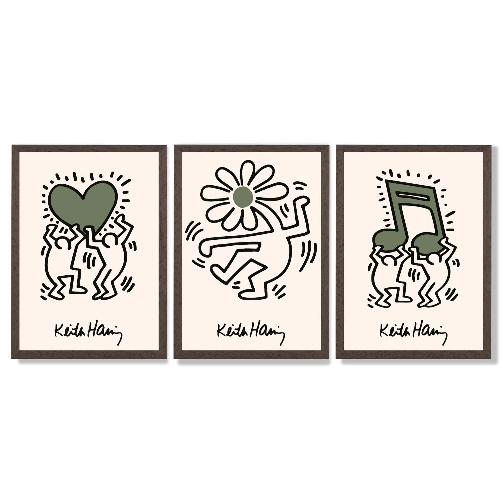 Set of 3 Keith Haring Emotive in Dark Green Framed Wall Art with Dark Wood Frames