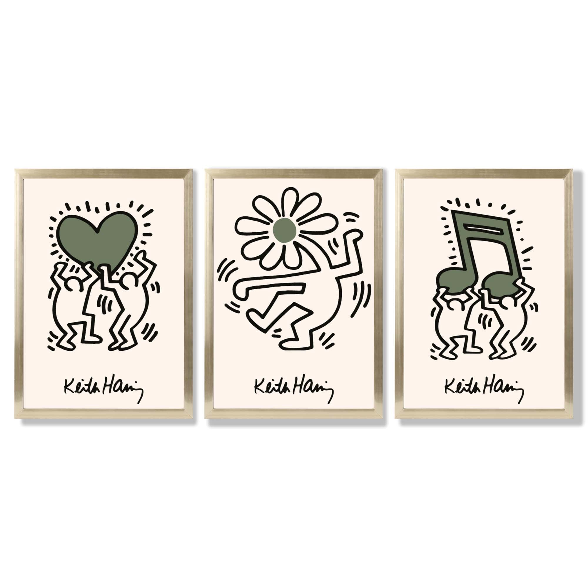 Set of 3 Keith Haring Emotive in Dark Green Framed Wall Art with Gold Wood Frames