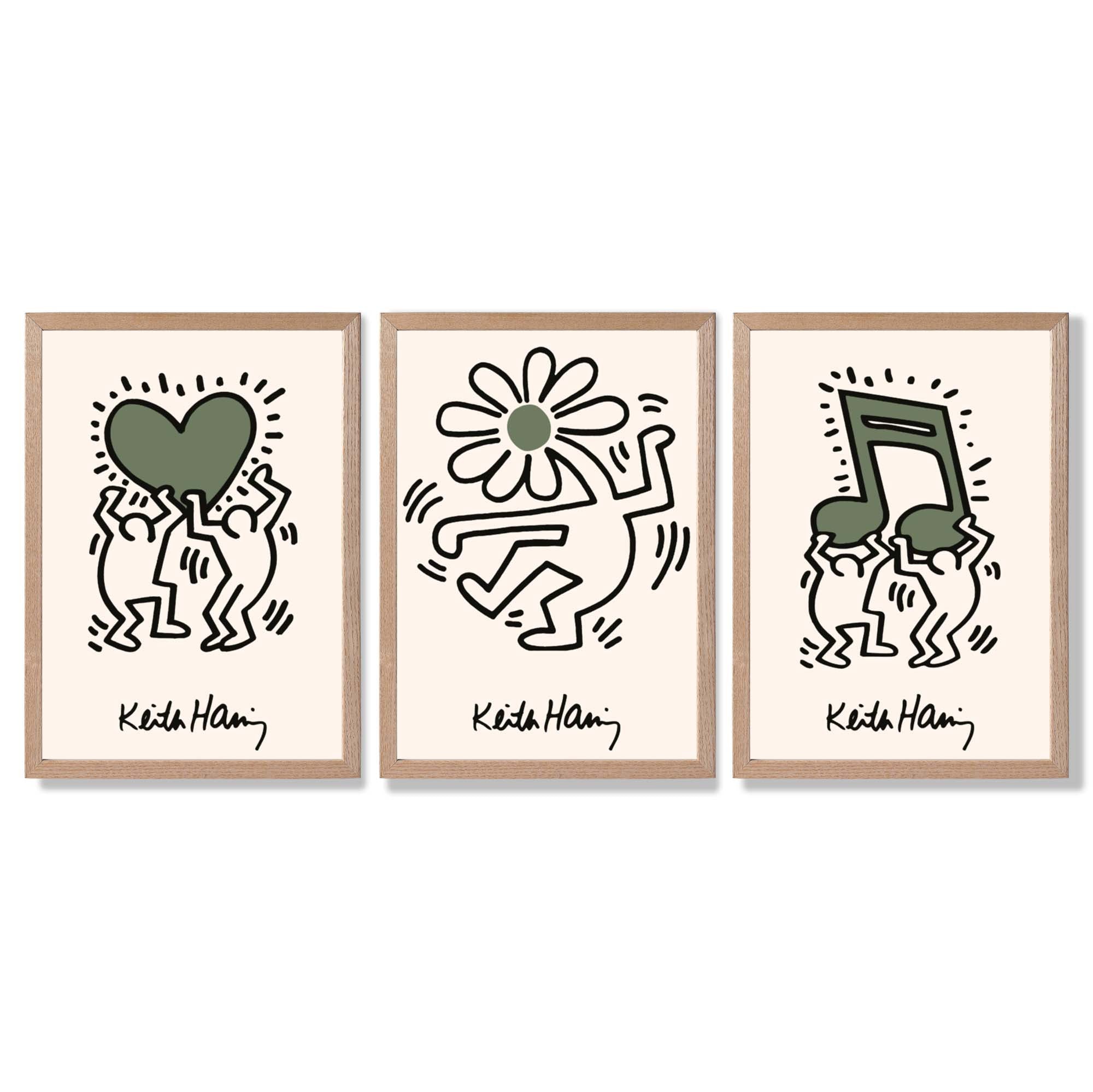 Set of 3 Keith Haring Emotive in Dark Green Framed Wall Art with Light Oak Frames